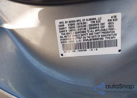 2008 Honda Odyssey Ex-L z USA, uszkodzony, nr VIN 5FNRL38788B067962